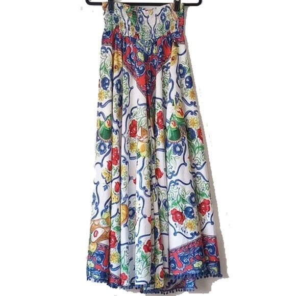 Super-Wide Palazzo Pants OS S/M Smocked Waist Cabana Pom Pom Fringe - Picture 2 of 9